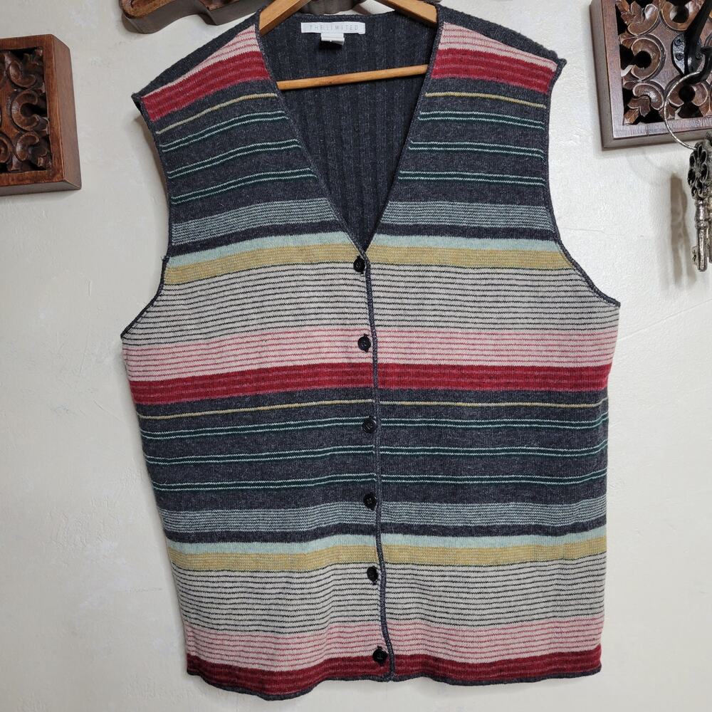 VTG 90s The Limited Womens Wool Blend Multi Striped Button Down Sweater Vest✨️L